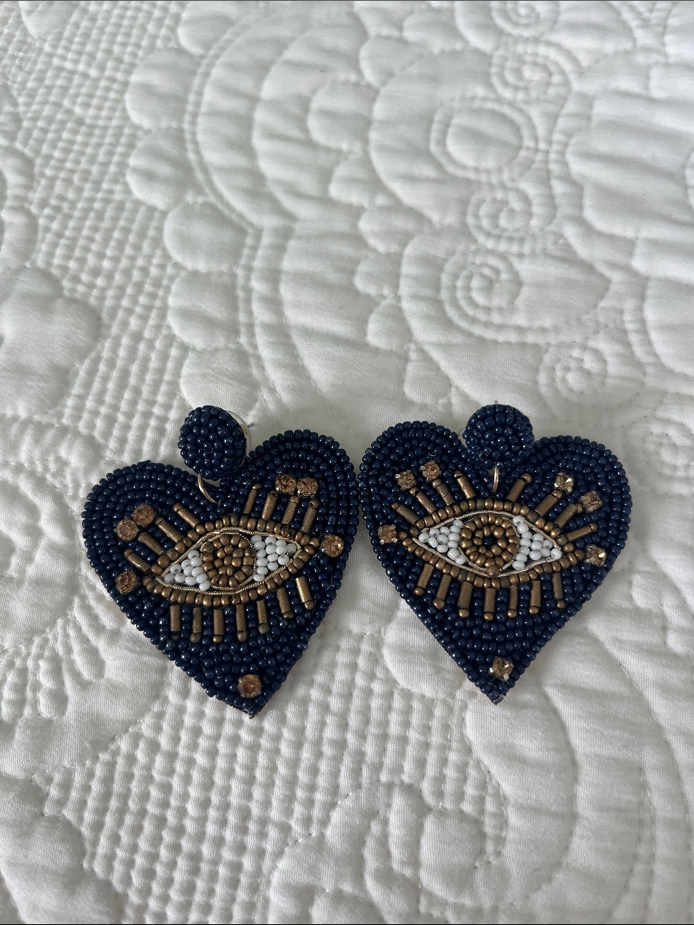 Beaded Heart Eye Earrings in Navy and Gold
